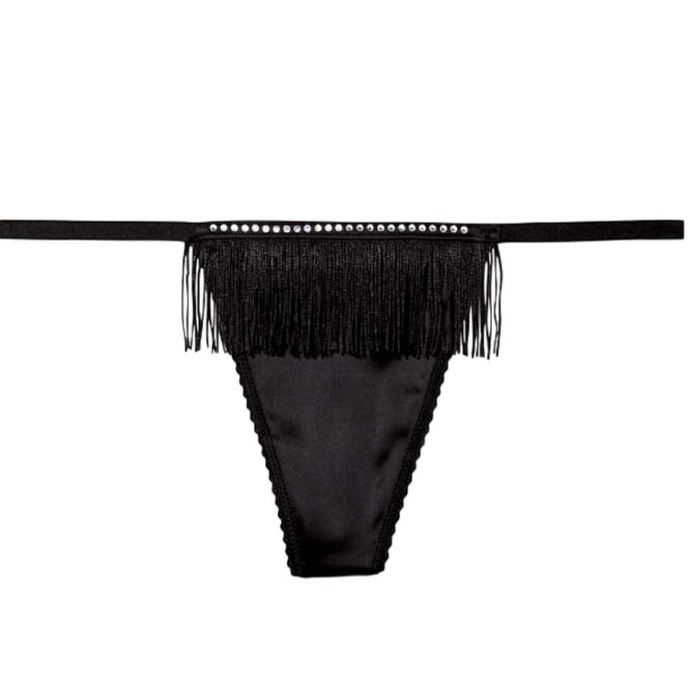 Victoria's Secret Black Embellished Crystals Bling Satin V-String Thong Fringe